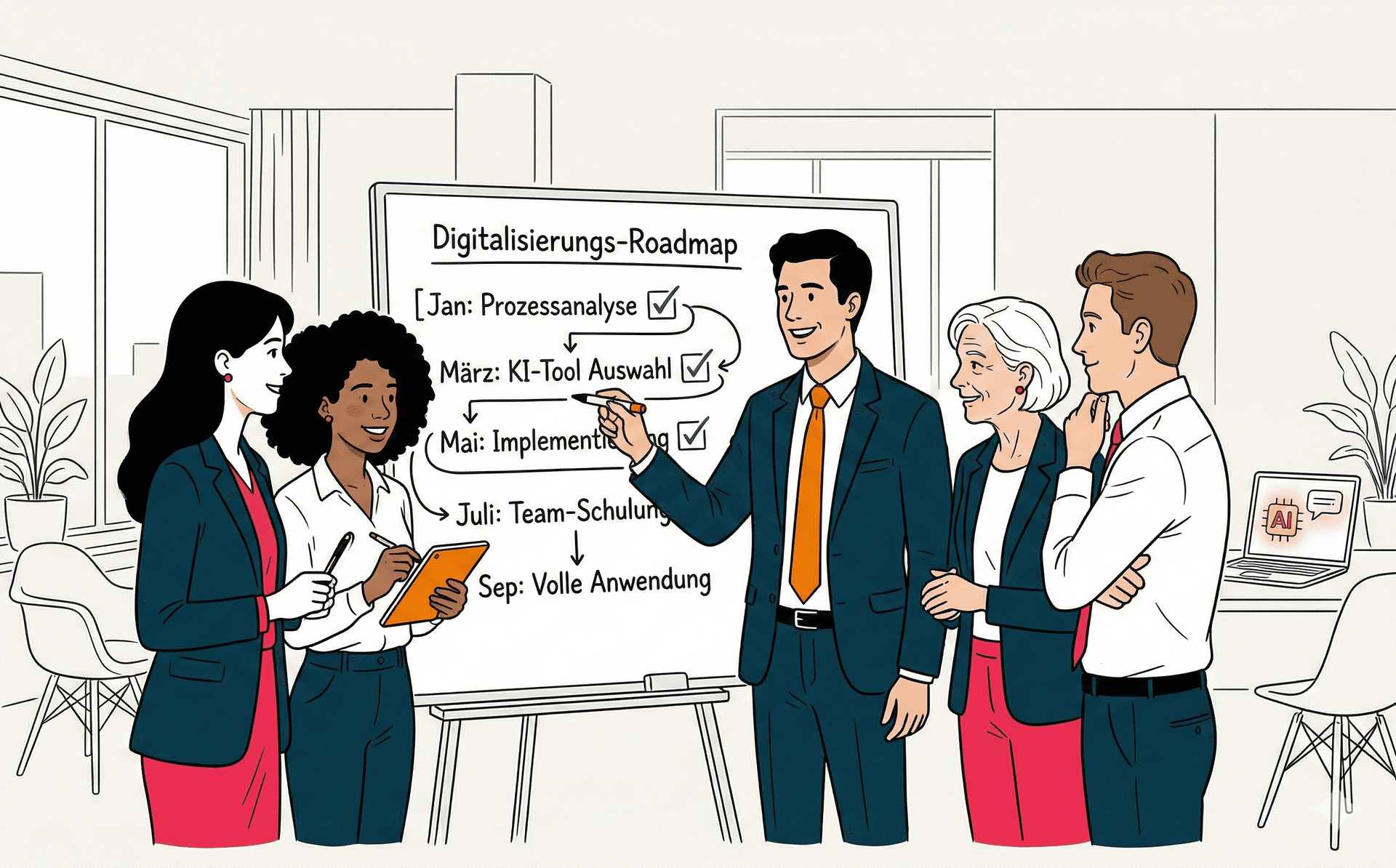 Team arbeitet gemeinsam an KI-Transformation in der Steuerkanzlei, der Mensch steht im Mittelpunkt