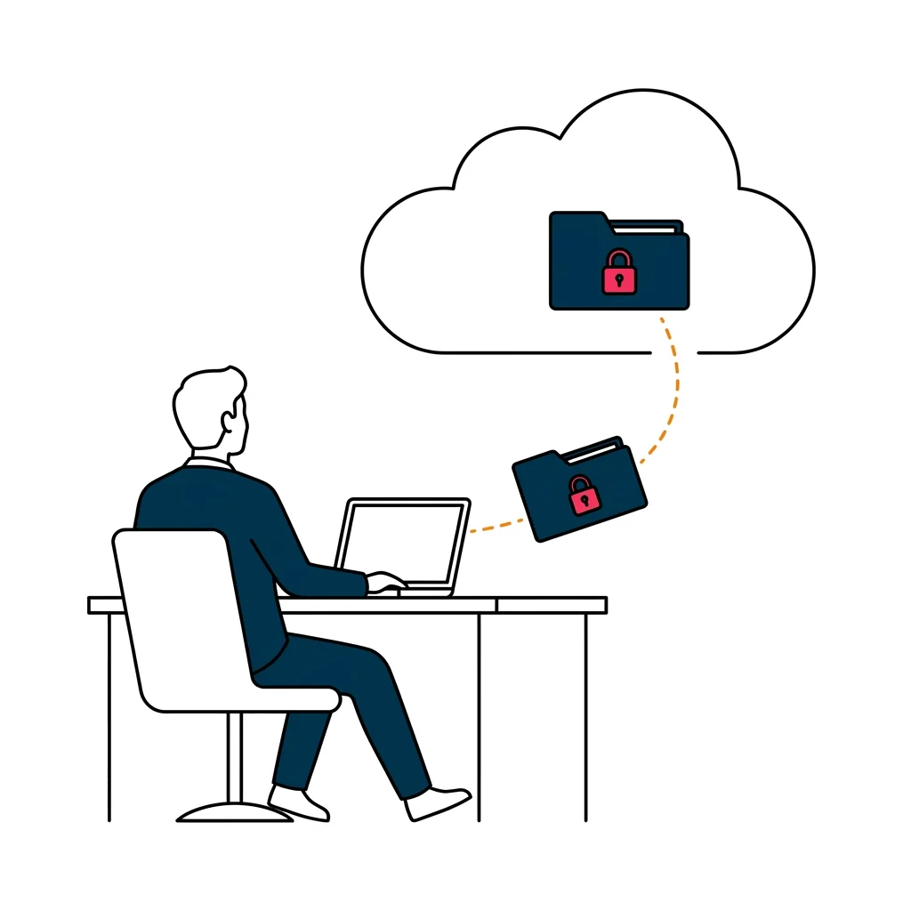 Ein Kanzleimitarbeiter schickt vom Laptop aus einen Ordner mit Schloss in eine Wolke, ohne das Risiko zu bemerken