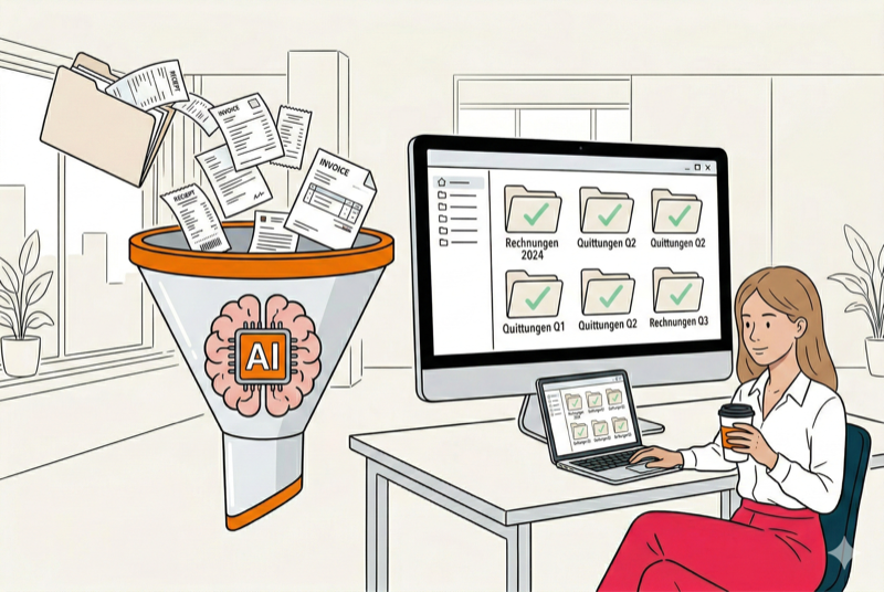 Belege fliegen in einen KI-Trichter und werden automatisch in digitale Ordner sortiert