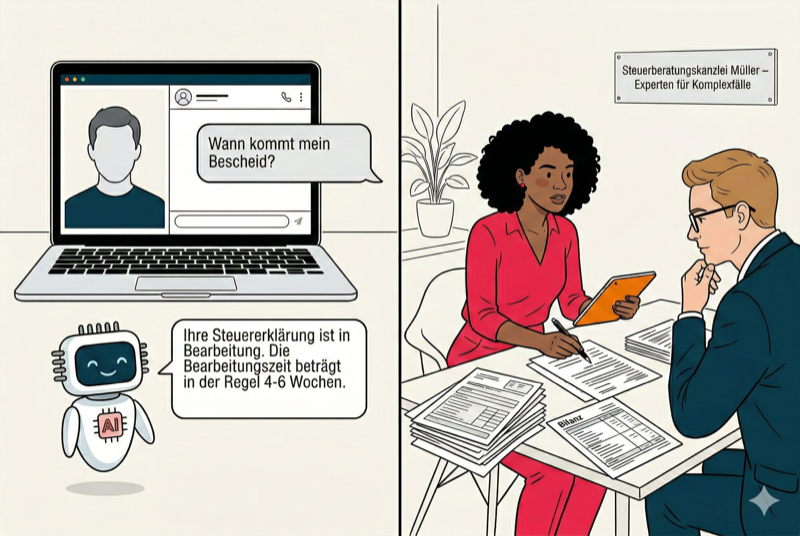 KI beantwortet Standardanfragen, während die Steuerberaterin sich auf komplexe Mandantenfälle konzentriert